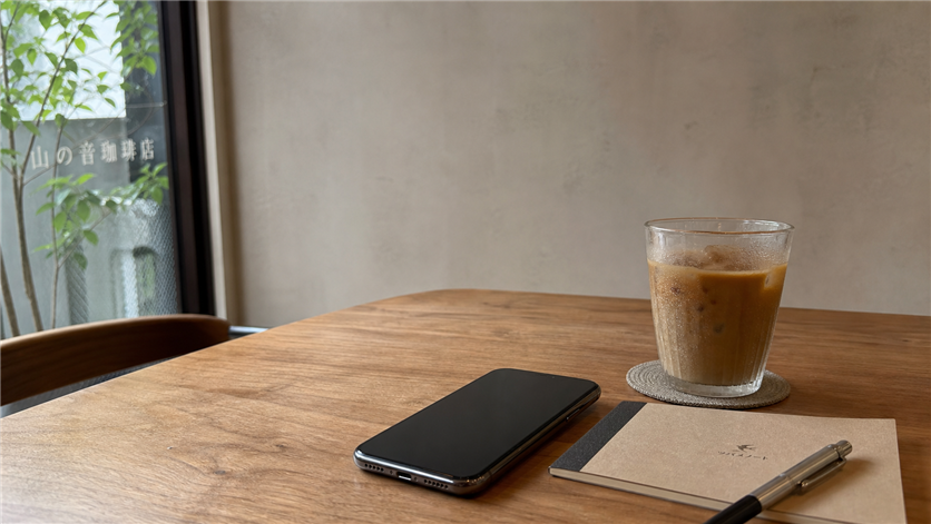 ヤリモクアプリのプロフィール作りを始めるカフェのテーブル