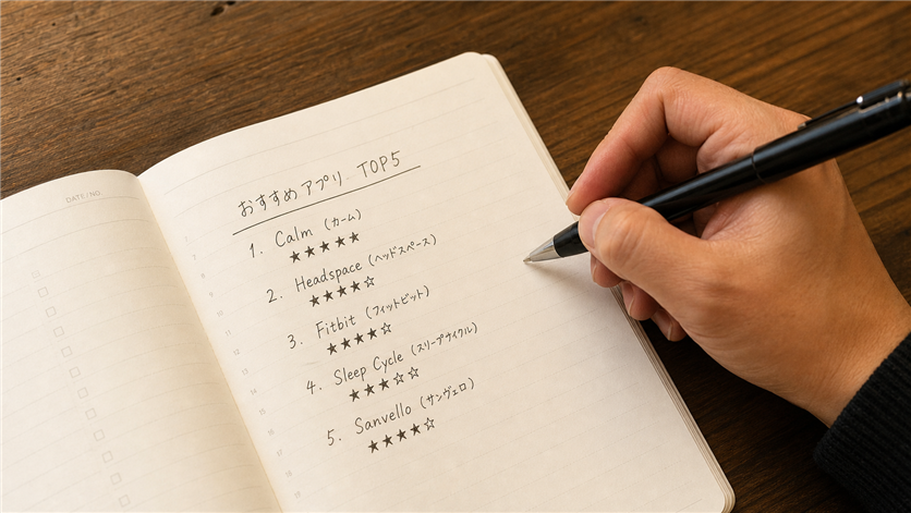 ヤリモクアプリ5選の比較リストを手帳に書き込む手元