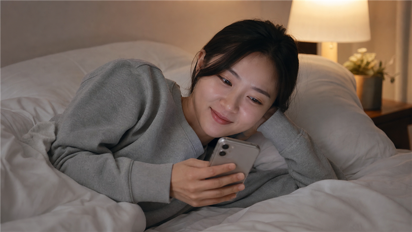 スマホのプロフィールを見て微笑む女性