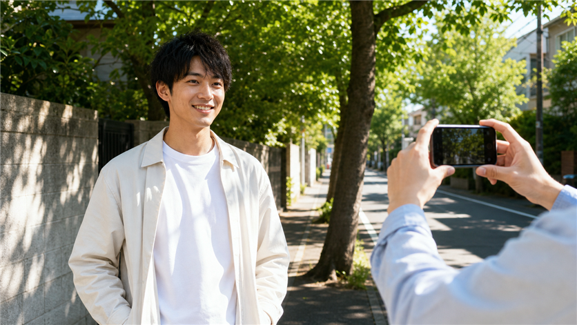 並木道で友人にプロフィール写真を撮ってもらう男性