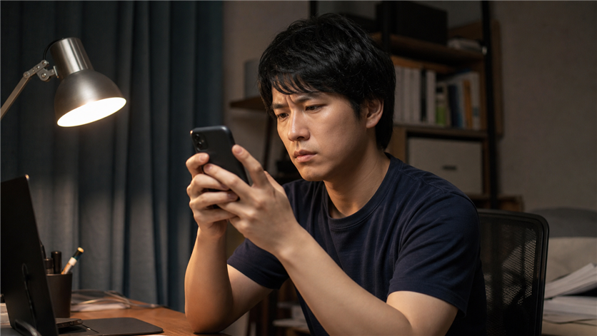 スマホの入力画面を見つめて何を書くか迷っている男性