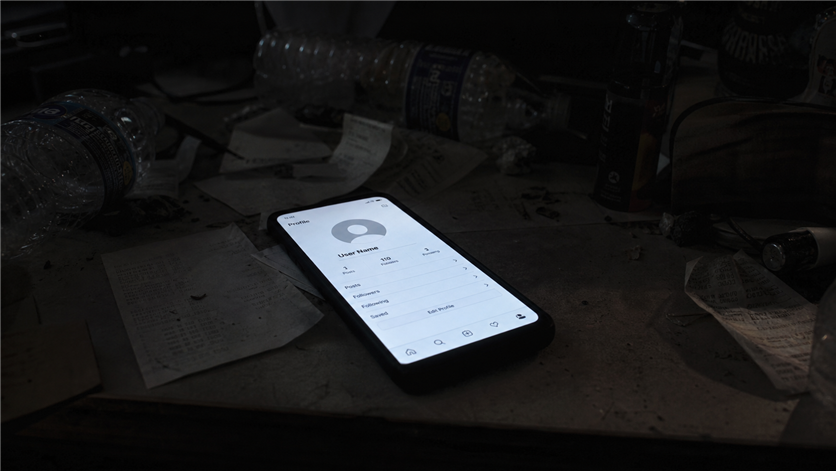 プロフィール写真が未設定のスマホ画面と散らかったデスク