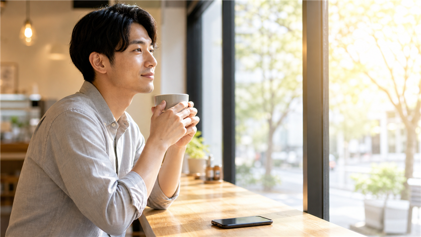 朝の窓際カウンター席でコーヒーを持つ穏やかな男性